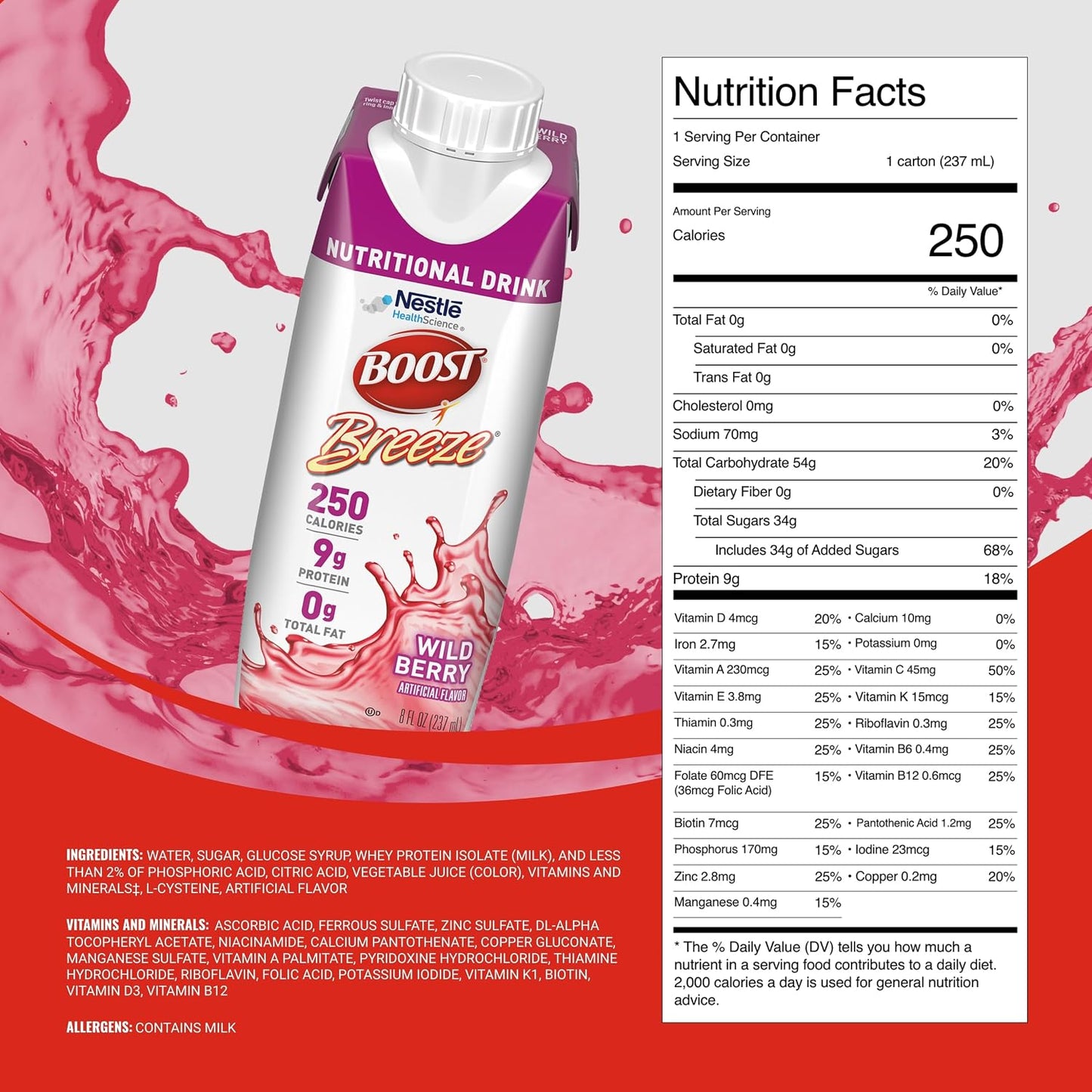 BOOST Breeze Clear Nutritional Drink - 250 Calories - 19 Vitamins & Minerals - 9 g Protein - Fortified Clear Nutritional Drink with Vitamin A & Zinc - Wild Berry Flavor - 8 fl oz (Pack of 24)