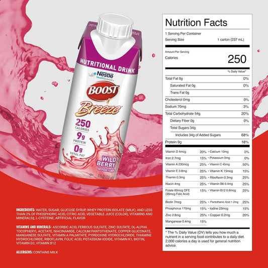 BOOST Breeze Clear Nutritional Drink - 250 Calories - 19 Vitamins & Minerals - 9 g Protein - Fortified Clear Nutritional Drink with Vitamin A & Zinc - Wild Berry Flavor - 8 fl oz (Pack of 24)