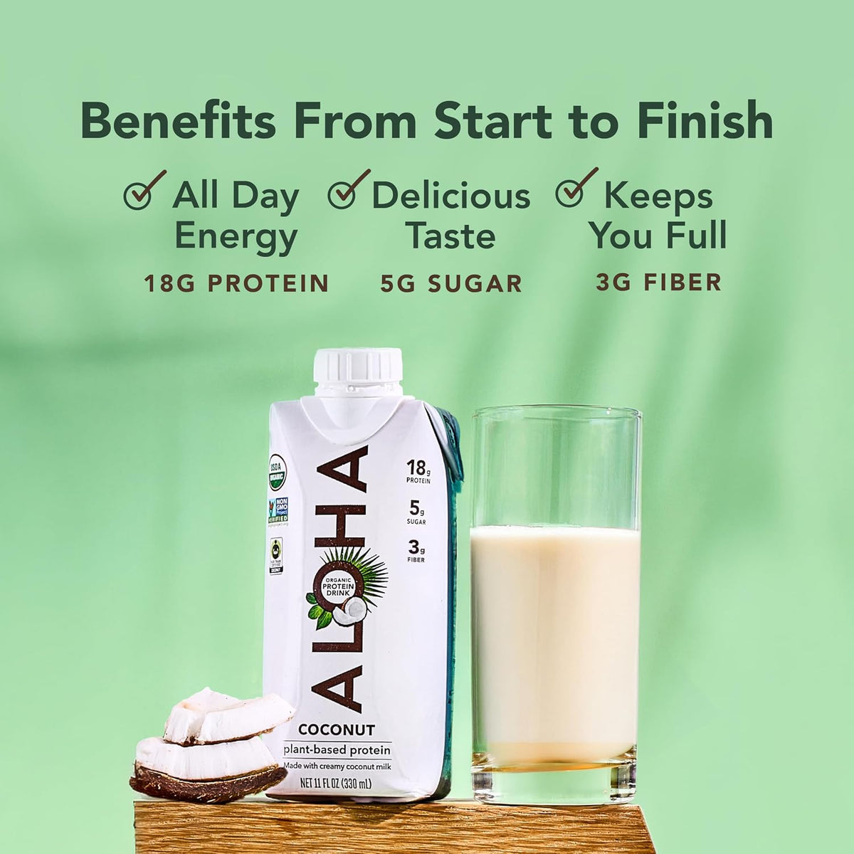 ALOHA Organic Plant-Based Protein Drink – Coconut Flavor | 18g Protein, 5g Sugar, 3g Fiber | Made with Creamy Coconut Milk, Fair Trade Certified, No Stevia | Vegan, Non-GMO, Gluten-Free, 11 fl oz (12 Pack)